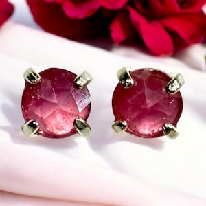 6mm Pink Sapphire Faceted Gemstone Stud Earrings Prong set with Sterling Silver