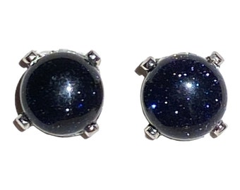 6mm Blue Goldstone Post Earrings with Sterling Silver