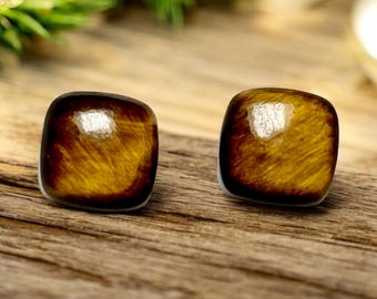 8mm Cushion Tiger Eye Gemstone Stud Earrings with Sterling Silver Settings