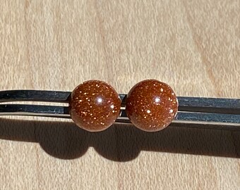 Glittery Brown Goldstone Beaded Gold Hoop Earrings w Caged Wire Wrapped Orange Agate Crystal Chunk