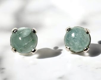 Tiny 4mm Light Sky Blue Chalcedony Gemstone Post Earrings Prong set in Sterling Silver