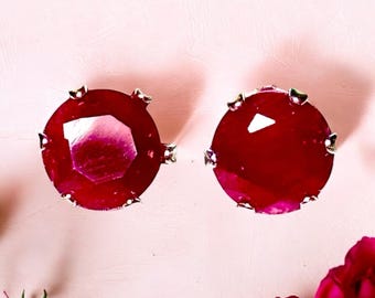 6mm Faceted Natural Ruby Gemstone Stud Earrings with Sterling Silver Posts