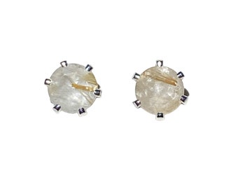 6mm Faceted Golden Rutilated Quartz Gemstone Stud Earrings Prong set in Sterling Silver