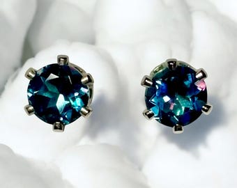 6mm Faceted Round Rainbow Topaz Gemstone Stud Earrings set in Sterling Silver
