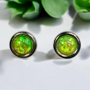 5mm Lime Green Opal Man Made Gemstone Stud Earrings with Sterling Silver