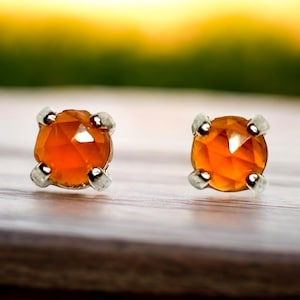 Tiny 4mm Faceted Carnelian Gemstone Stud Earrings set in Sterling Silver