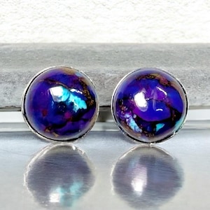 10mm Purple Copper Turquoise Gemstone Stud Earrings with Sterling Silver Posts