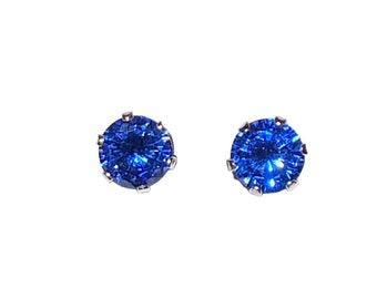 6mm Faceted Sapphire Blue Cubic Zirconia Gemstone Stud Earrings with Sterling Silver