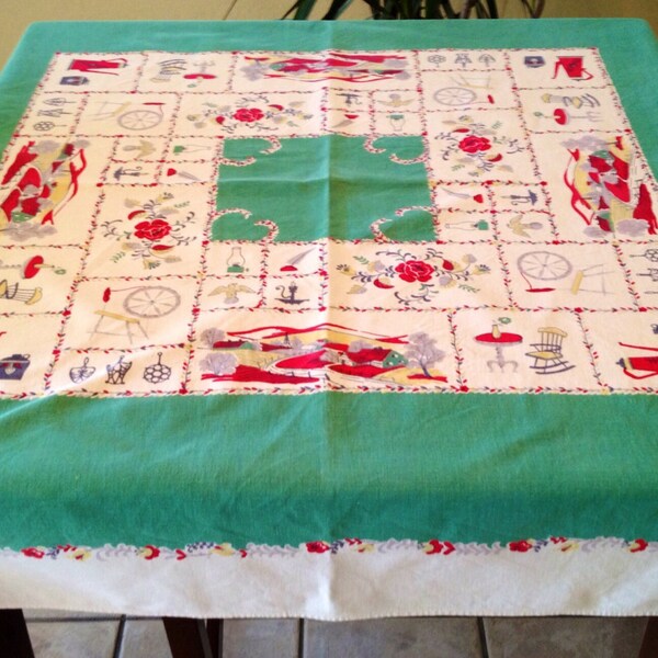 Americana Print Tablecloth, Patriotic Tablecloth, Vintage Tablecloth, Red Green Tablecloth, Square Tablecloth, July 4th Tablecloth