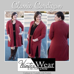 Op de afbeelding: Een rode cardigan met zakken in drie lengtes: lang, normaal en kort. De cardigan is gemaakt voor maten 00-30 en vereist 2-3,5 yards stof. Het patroon is verkrijgbaar in de formaten brief, A4, gelaagd A0-print en gelaagd A0-projector.