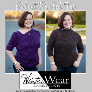 May include: A sewing pattern for a knit top with a rouched shoulder and side, and two necklines. The pattern is for sizes 00-30 and requires 2-3 yards of fabric. The pattern is available in letter, A4, layered A0 (print), and layered A0 projector formats.