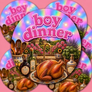 May include: A round, pink graphic with the text "boy dinner" in pink. The image features a roasted turkey, bottles of balsamic vinegar and olive oil, and a sink with a Tuscan landscape background.