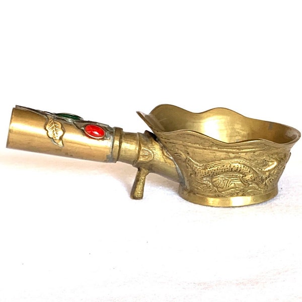 Vintage Brass Chinese Silk Iron / Pan Iron, Decorated with Dragons and Red and Green "Jeweled" Flowers