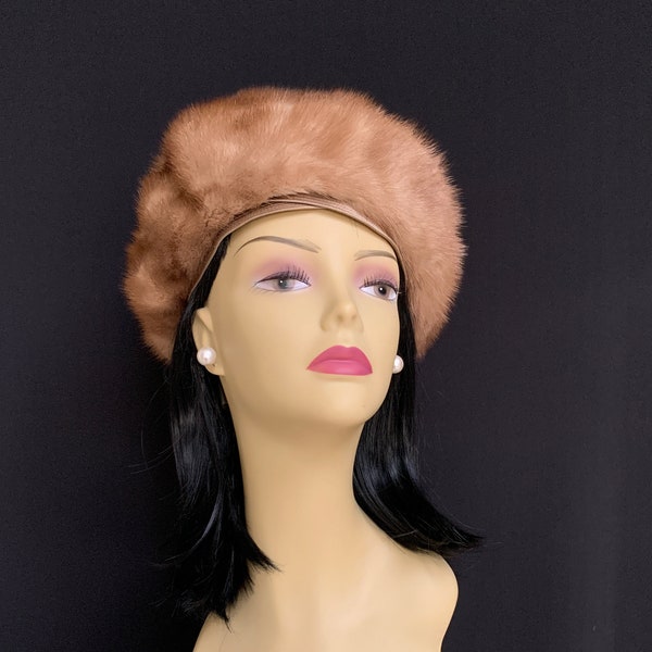 Vintage Mink Fur Hat with Satin with Taupe Satin Band - Palomino Color - Marshall Field's and Company, Chicago