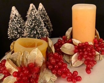 Vintage Holiday Candle "Wreaths" - Gold Leaves and Red Berries / Grapes - Set of Two (2) - Christmas / Winter