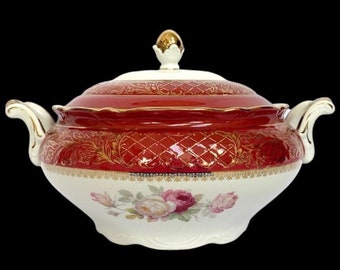 Vintage Bavaria Schumann Arzberg Germany Tureen - Covered Dish, Vegetable Dish, Soup Tureen, Crock - Red, Gold, Floral