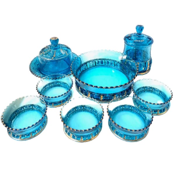 Antique Riverside Blue and Gold Glass Dessert / Snack / Salad / Candy Set - Eight Piece - Victorian Pattern Glass circa 1898