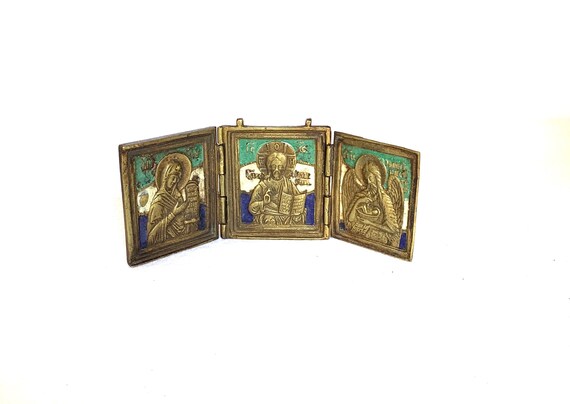 Antique Russian Christian Orthodox Triptych Brass Icon 19th Antique Russian Christian Orthodox Triptych Brass Icon 19th