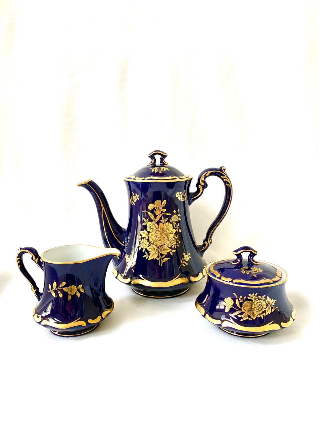 Fine Seyei China Coffee / Tea Service From Japan Three Piece Set Cobalt