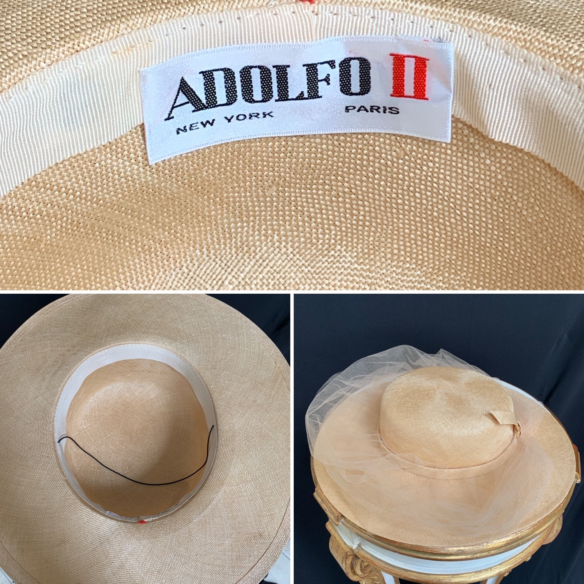 Adolfo ll Vintage 1963  Bridal Hat Elegant Tan Hat with White Lace Overlay Vintage Adolfo II Fine Straw Hat With Netting / Lace  main image 4