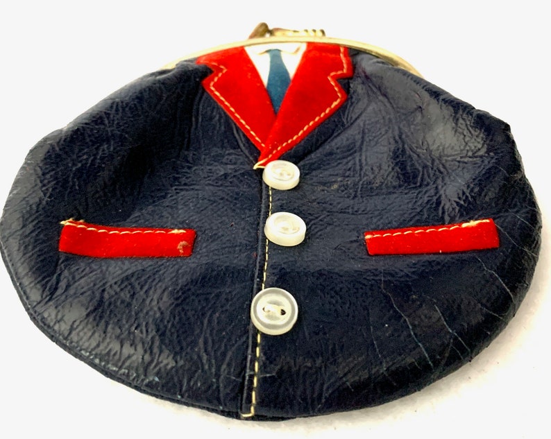 Vintage Tuxedo / Waist Coat Coin Purse 1960's Made in Hong Kong, Real Leather with Tiny Shell Buttons and Velveteen Lining image 7
