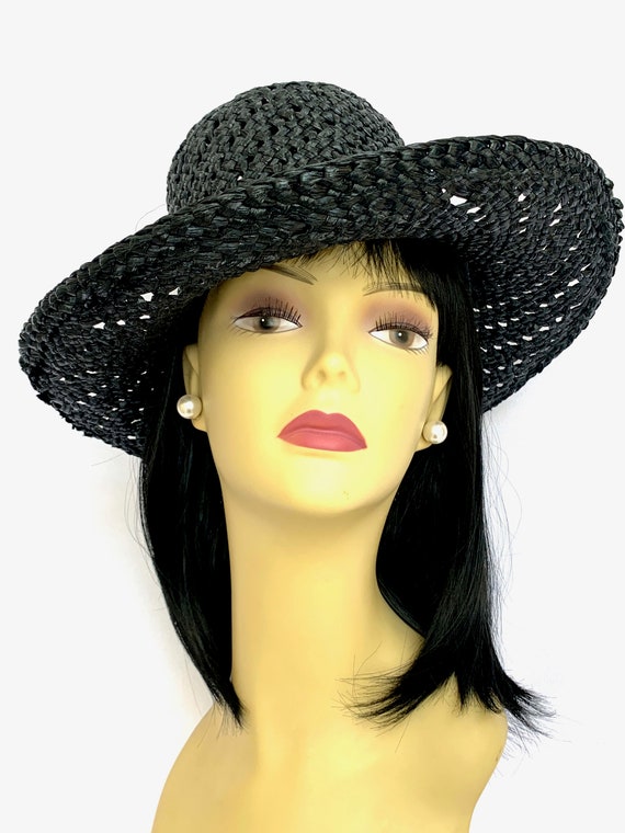 Vintage Straw / Raffia Sun Hat, Charcoal Black / … - image 2