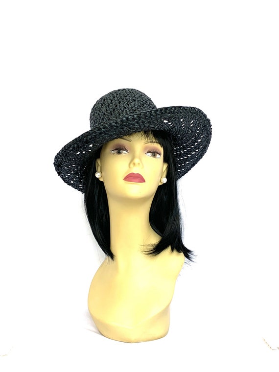 Vintage Straw / Raffia Sun Hat, Charcoal Black / … - image 1