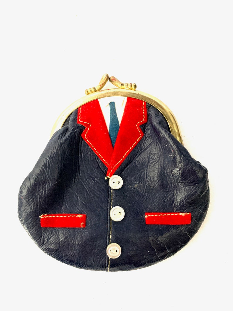 Vintage Tuxedo / Waist Coat Coin Purse 1960's Made in Hong Kong, Real Leather with Tiny Shell Buttons and Velveteen Lining image 1