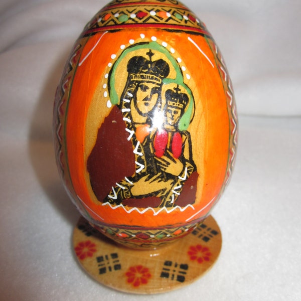 Vintage Hand-Painted Wood Easter Egg with Stand