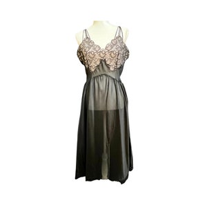 Vintage zwart met lichtroze kanten onderjurk / slip / nachtjapon / negligé - maat 38, een Godfried Original