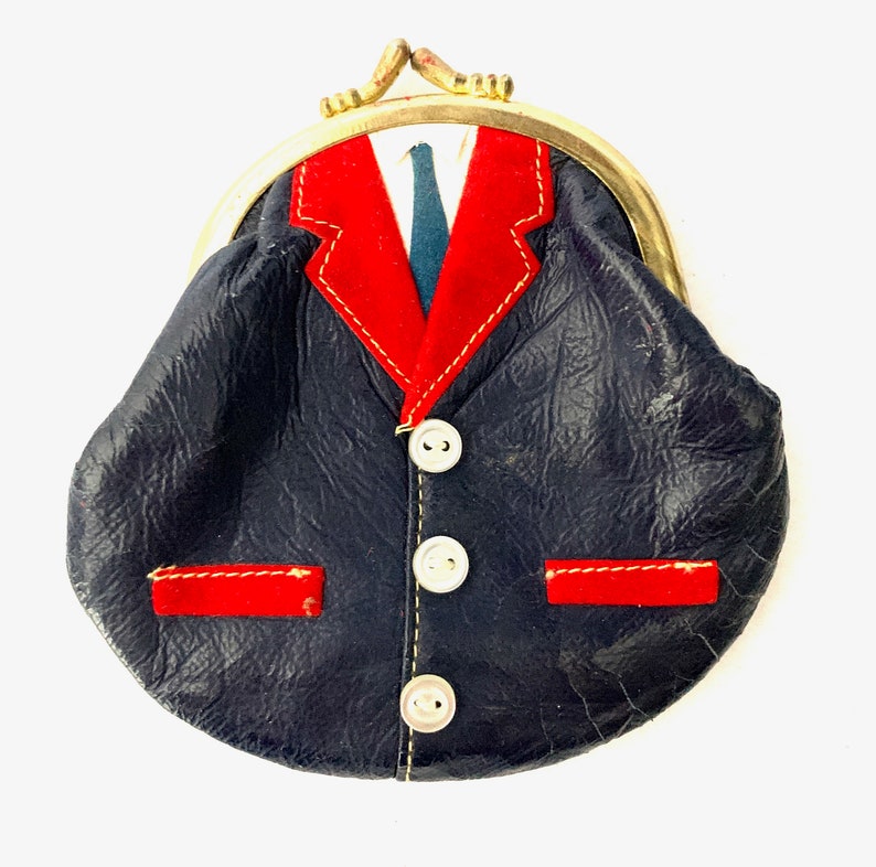 Vintage Tuxedo / Waist Coat Coin Purse 1960's Made in Hong Kong, Real Leather with Tiny Shell Buttons and Velveteen Lining image 2