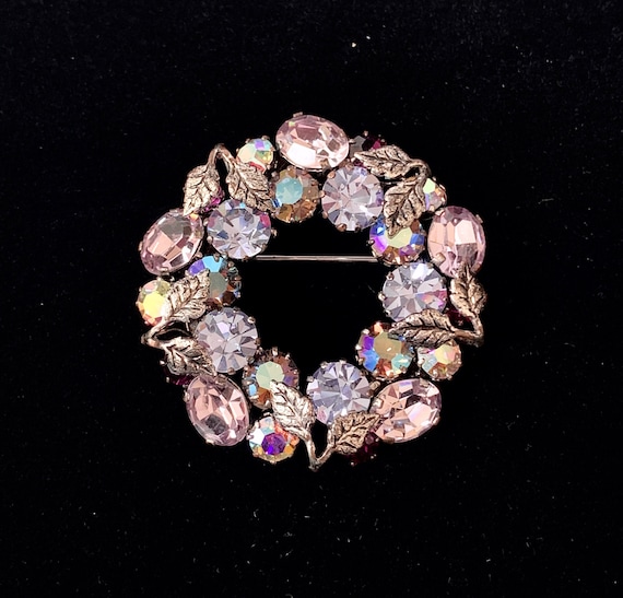 Lilac-Colored Austrian Crystal Brooch - Wreath St… - image 1