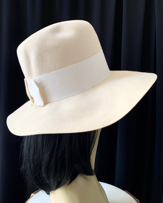 Vintage Felt Hat / Fedora, Ivory with Wide White … - image 3