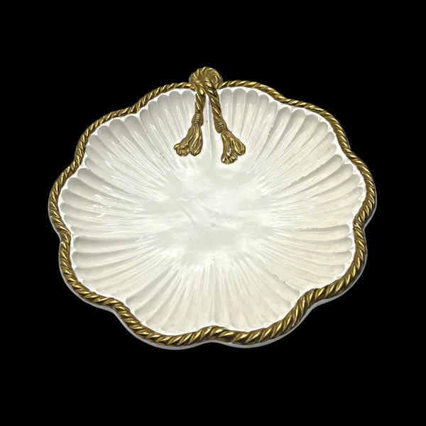 Vintage Shallow Ivory Ceramic Bowl with Gold Rope and Tassel Accents / Made in Italy / Decorative Platter, Scalloped Edge, Handmade