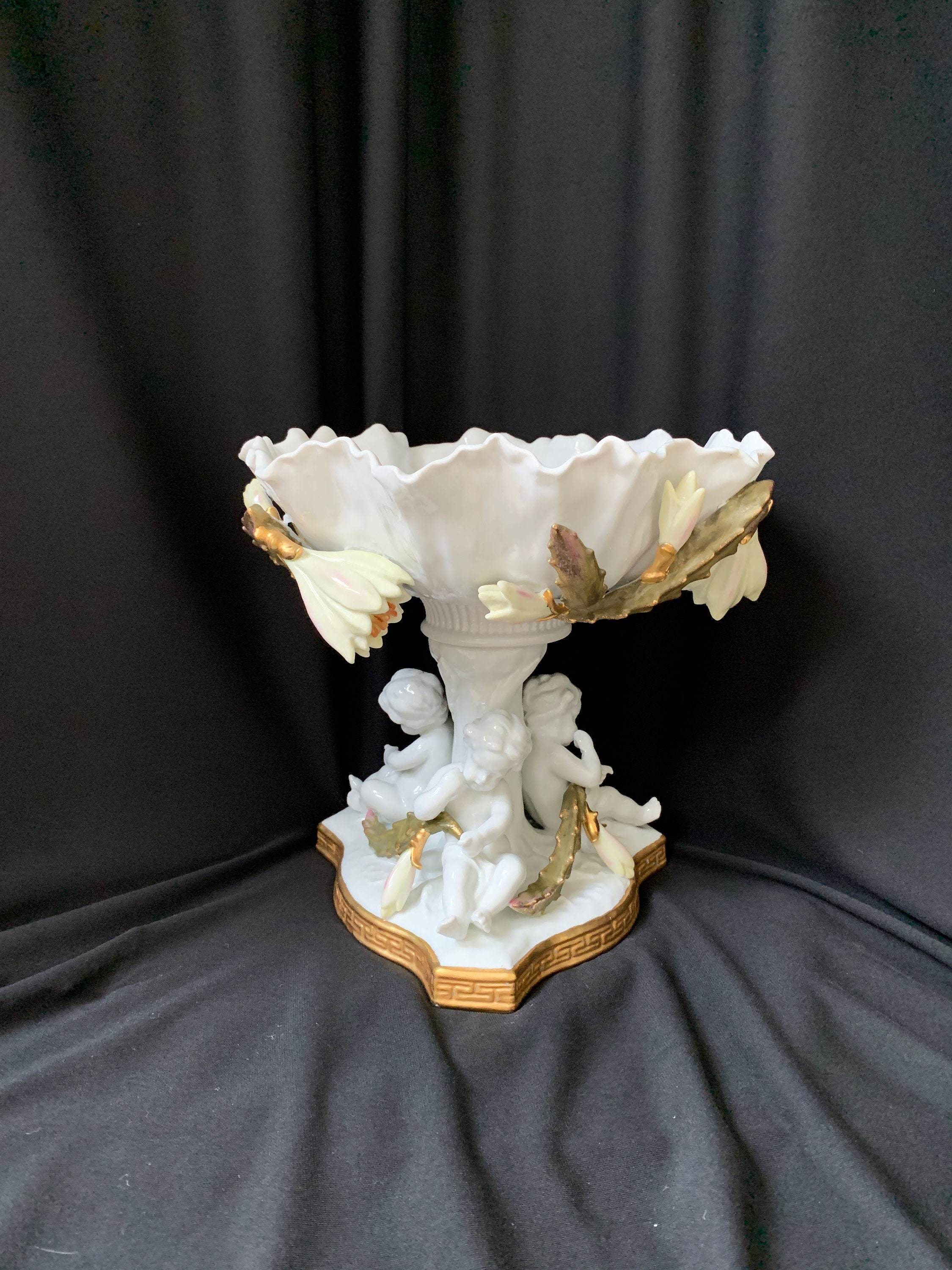 Circa 1880 Moore Brothers English Porcelain Antique Footed Compote with Cherubs and Cactus Flowers - Wedding Centerpiece
