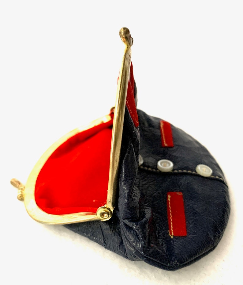 Vintage Tuxedo / Waist Coat Coin Purse 1960's Made in Hong Kong, Real Leather with Tiny Shell Buttons and Velveteen Lining image 4