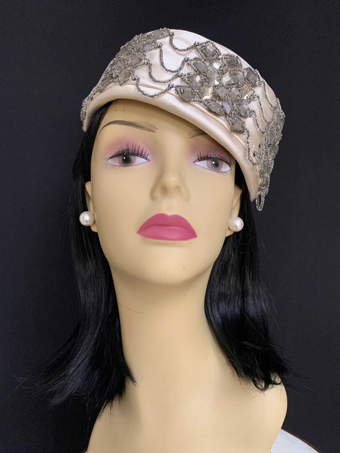 Vintage Ivory Satin Beaded Ladies Pillbox Hat / the French Etsy