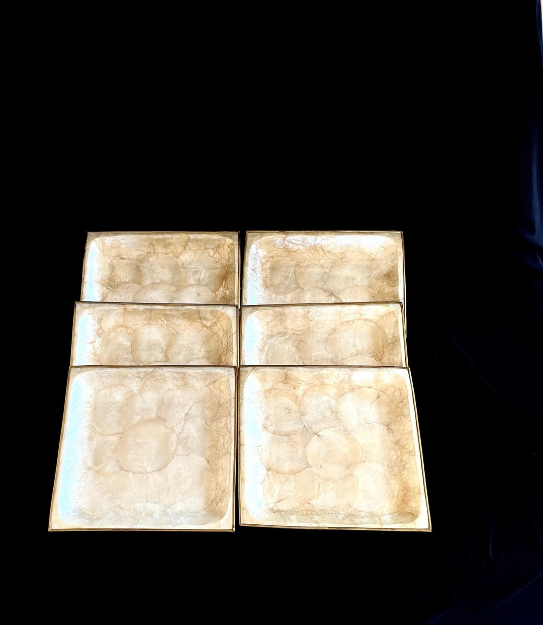 Vintage 10" Square Capiz Plates W/ Brass Trim - Set of Six (6) - Salad ...