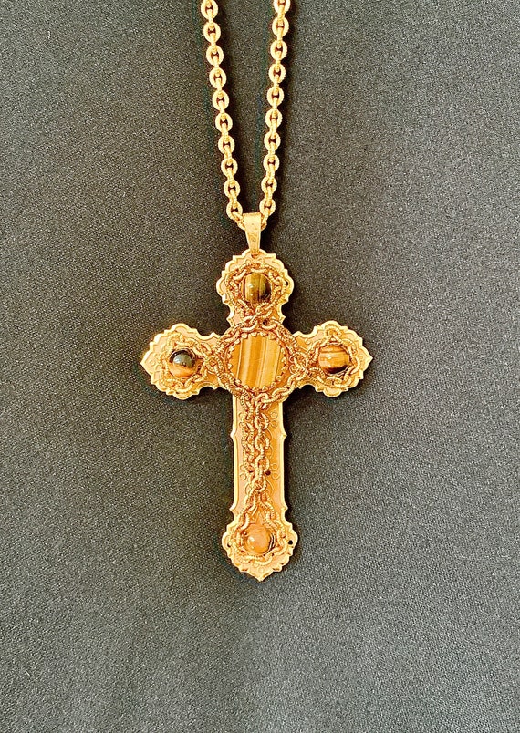 Miriam Haskell Tiger's Eye Cross Necklace