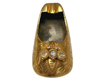 Vintage Brass Slipper Ashtray / Incense Holder with Austrian Crystal / Rhinestones - Made in India, Tobacciana, Etched Floral