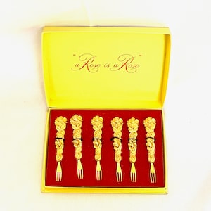 Vintage Cocktail Forks / Picks. Hors d&#39;oeuvres / Appetizers - Gold Tone, Roses - Pour Les Cocktails, Rosenfeld Imports, New York Mid-Century