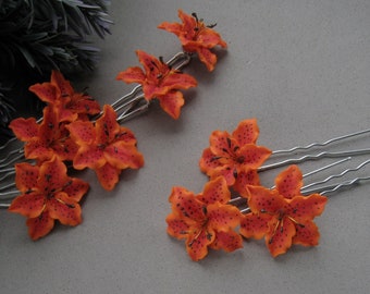 Épingles à cheveux Tiger Lily avec fleurs Lys orange pour cheveux Décoration florale Accessoire capillaire Cadeau pour sa maman Épingle à cheveux avec fleurs
