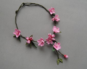 Sakura flower necklace Cherry blossom Pink wedding bridal jewelry Spring wedding Floral wedding jewelry hair pin Bohemian prom for bride