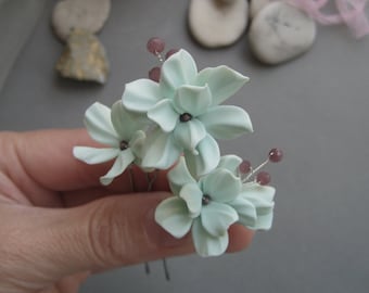Provence chic Light green Mint Sage Flowers Lavender crystal floral hair pins Wedding bridal hairpiece Bridesmaid Bridal flowers hairpins