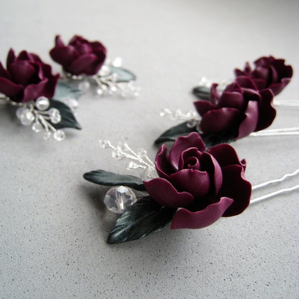 Hair accessories Flower hairpins for bride Burgundy green floral hairpin Bordeaux wedding hair pins Bridesmaids hair piece set Gift for her