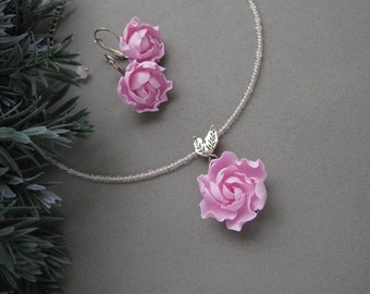 Choker necklace earrings with pink peony flower Statement jewelry set Exquisite flowers jewelry Mother's Day Christmas Birthday gift for her