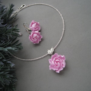 Choker necklace earrings with pink peony flower Statement jewelry set Exquisite flowers jewelry Mother's Day Christmas Birthday gift for her image 1