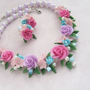 Wedding floral jewelry set with pink and purple roses Colorful necklace earrings Bridesmaids Gift Christmas gift for her