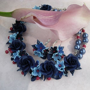 Royal Blue jewelry set Navy blue rose Wedding floral necklace earrings Bridal flowers jewellery Party prom night jewels Mother of bride gift