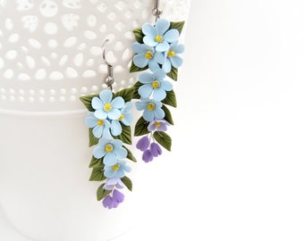 Ohrringe Zweige mit Vergissmeinnicht Blaulila Ohrringe mit Blumen Elegante Blumenohrringe für die Braut Sträuße von Vergissmeinnicht Geschenk für ein Mädchen